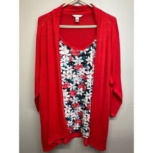 White Stag Red Cardigan Floral Layered Top 3/4 Ruched Sleeve Plus 3X 22W 24W